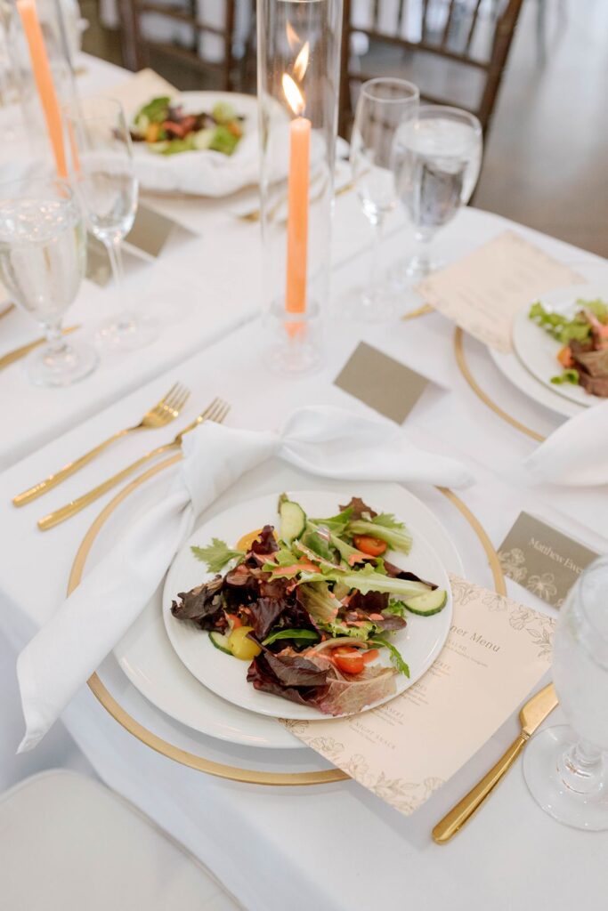 Salads and tablescape details at Hotel Ella wedding reception 