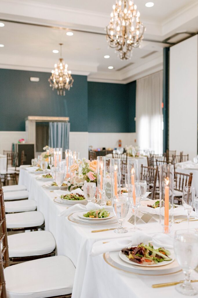 indoor wedding reception with pre-set salads at Hotel Ella in Austin TX