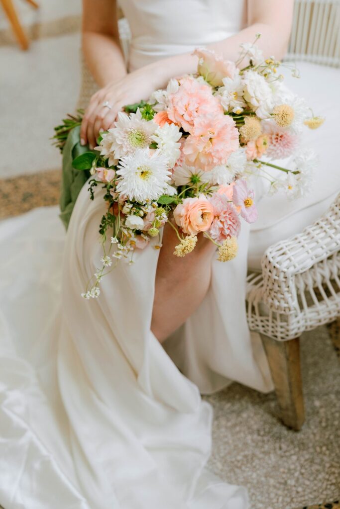 close up of pastel colored bridal bouquet