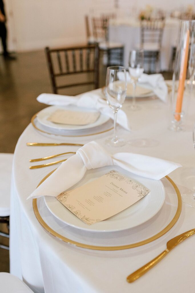 Tablescape details at indoor Hotel Ella wedding reception